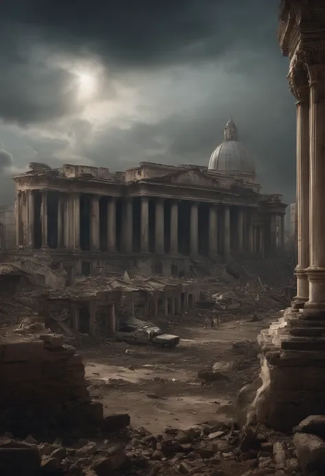 A ruined world, A ruined city and a chaotic and desperate human society. The camera pans across the ruins of a once thriving city, Showing a collapsed and abandoned building, While the survivors scavenge for resources in the background.