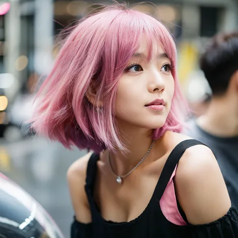 early 20s woman. korean. dyed pink hair. wolfcut haircut. big . candid.  black croptop