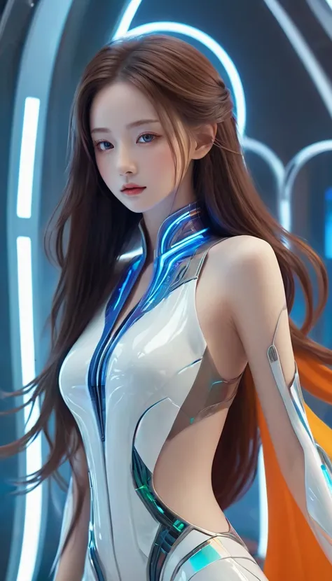 A barefoot futuristic girl standing silently on a carpet, captivating eyes, porcelain skin, long flowing hair, (futuristic outfit:1.1, sleek attire), (graceful movement), (bright and vibrant colors), (futuristic bedroom ), (digital art:1.1, digital illustr...