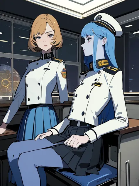 superflat, flat shading, flat colors, (masterpiece:1.2, best quality), (closeup), (2women:1.4), teen, slim, (white military outfit), pleated skirt, military hat, space cadet, sitting by desk, in classroom, put head on hand, bored,  classmates in background...