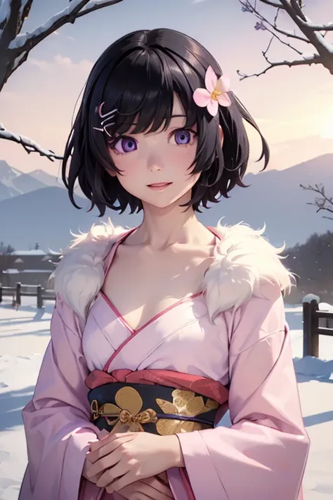 Very detailed CG Unity 8K wallpaper, Cute One lady, Mature hair、lady ,beautiful lady, pale skin (Super masterpiece, Beautiful person, well detailed face polluted smile, Photorealistic, hyper realisitic), Colorful winter kimono in pink and white colors、(whi...