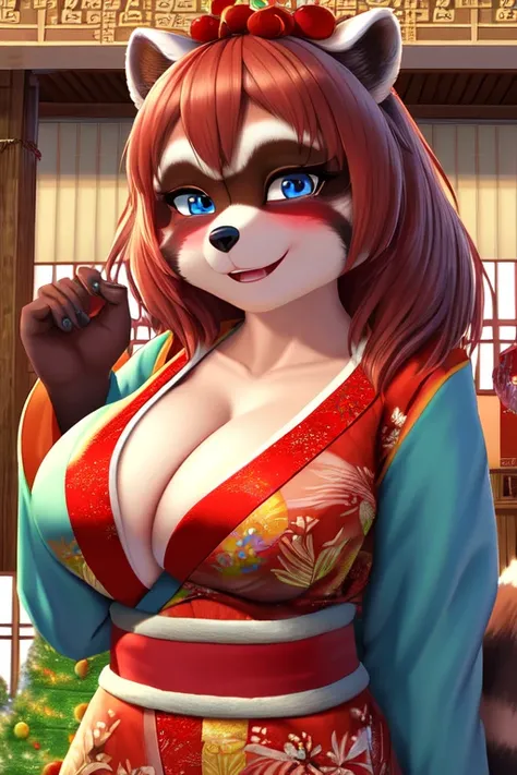 red-headed shy raccoon girl, blushing wearing a festive kimono at a Bon festival, blue eyes, breasts, smiling, big breasts, (skin texture:1.1), (high detail face:1.1), high detail body, high detail clothes,(masterpiece), (realistic), ultra high definition,...