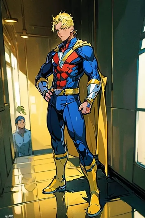 ((Masterpiece, Best Quality, 2d, anime)), (1 boy, Solo: 2) superhero white suit, blond, hands on hips, blue cape, allmight, hallway, front view, gold boots,