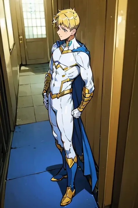 ((Masterpiece, Best Quality, 2d, anime)), (1 boy, Solo: 2) superhero white suit, blond, hands on hips, blue cape, hanajima_megumi, hallway, front view, gold boots,