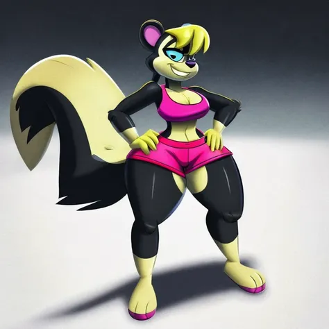 A Sexy black Anthro skunk wearing red shorts and has thick sexy thighs, standing on a Souless, lifeless, position and in a white background and hands on hips, and looking at a Yellow smiley ball on the floor, and in the STARTOONS animation aesthetic