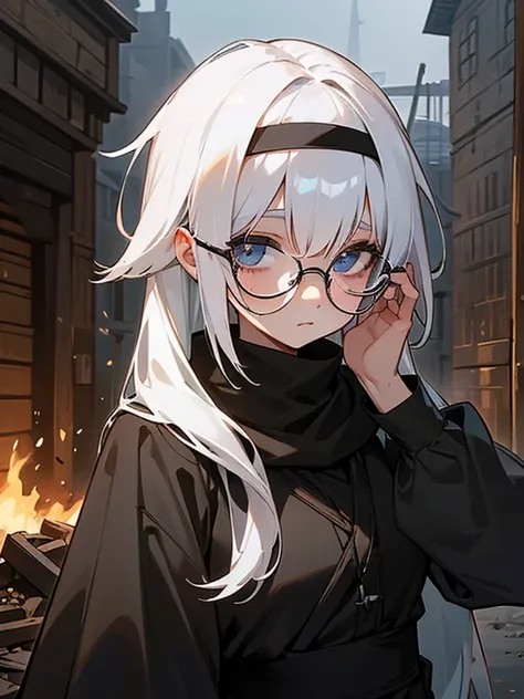 Young woman, White hair, face covered in soot, location medieval street, work tunic, glasses on head, night, explosives shop