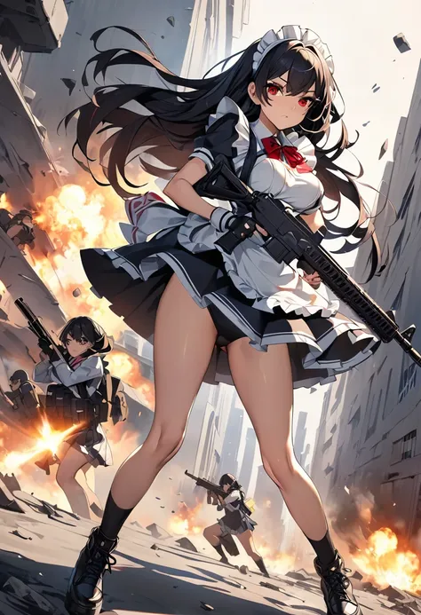 masterpiece、highest quality、Ultra-high resolution、Maximum resolution、Very detailed、Professional Lighting、anime、woman、thin、so beautiful、high school girl、Maid clothes、Has an assault rifle、Red Eye、Black Hair、long hair、Fingerless gloves、Equipped with shooting ...