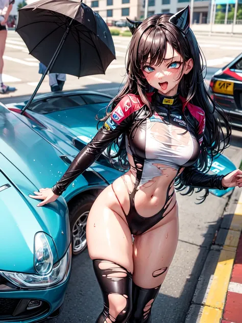 wet body, race queen, see through, highleg, Torn wear, enamel, ahegao