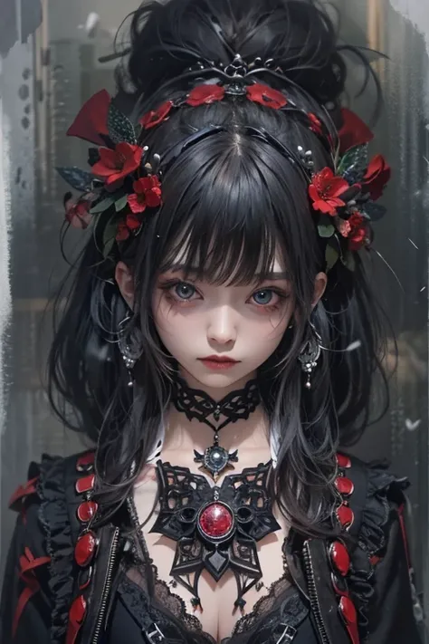 top-quality、8K、​masterpiece：1.3、Gothic punk、Red inner color、A dark-haired、hair adornments、a beauty girl、creative、dark fantasy style、Neogos、Goth Fashion：1.2