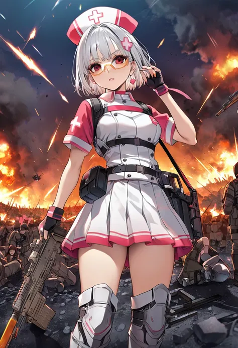 masterpiece、highest quality、Ultra-high resolution、Maximum resolution、Very detailed、Professional Lighting、anime、Adult female、thin、so beautiful、、Nurse uniform、Has a submachine gun、Red Eye、Silver Hair、Short Hair、Earrings、Fingerless gloves、Tactical Boots、Equip...