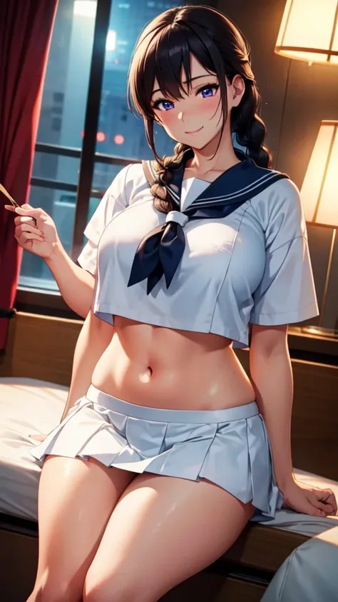 (High quality, High resolution, Fine details, Realistic), BREAK neon aesthetic hotel room, Midnight, BREAK solo, Curvy women, Japanese Sailor Uniforms, bare midriff, Skirts, Panty Shot, Standing, Braided Hair, sparkling eyes, (Detailed eyes), smile, blush,...