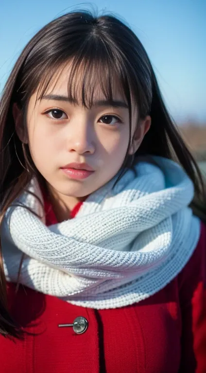 highest quality, masterpiece, Ultra-high resolution, (Realistic:1.4), RAW Photos, Very detailed, Perfect Anatomy, Very detailedな, Cold winter, One girl, 16 years old, Japan&#39;s most famous Japanese idol, Grin, Wearing a formal Japanese high , Squatting o...