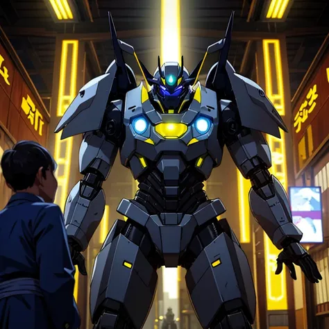 Devil-looking mech suit, human size, silver with bright yellow lights, located in Japan