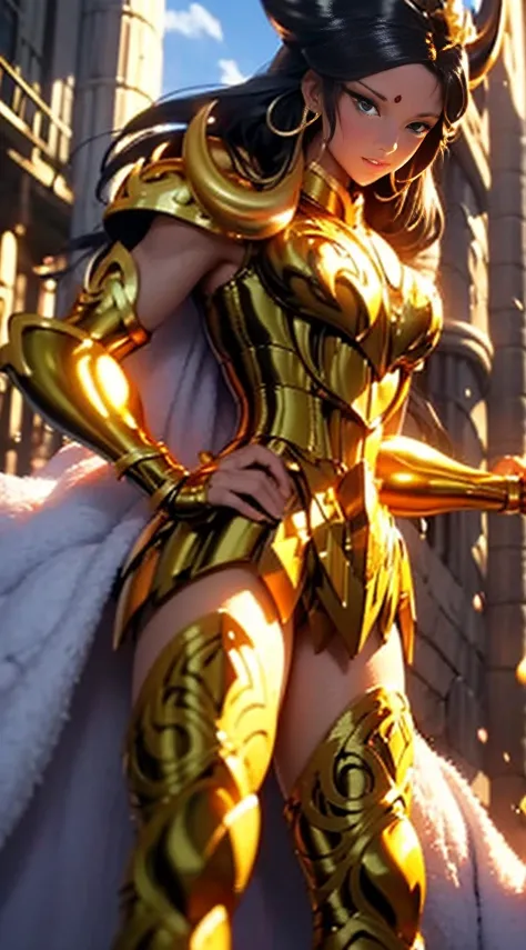 Create a high-quality image of a woman wearing full-body golden armor. She is depicted in a majestic pose, proudly standing amidst a grandiose backdrop. Her armor gleams with the brightness of gold, reflecting the sunlight streaming through the clouds. Her...