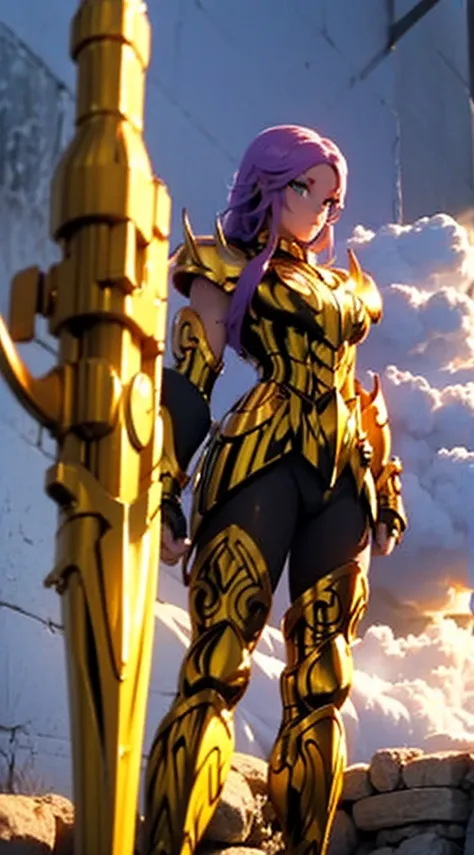 Create a high-quality image of a woman wearing full-body golden armor. She is depicted in a majestic pose, proudly standing amidst a grandiose backdrop. Her armor gleams with the brightness of gold, reflecting the sunlight streaming through the clouds. Her...