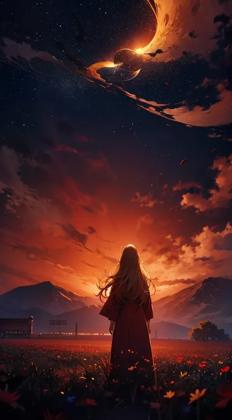 １people々々々々,blonde long-haired woman，red long coat， dress silhouette， rear view，space sky, flower field，colorful flowers