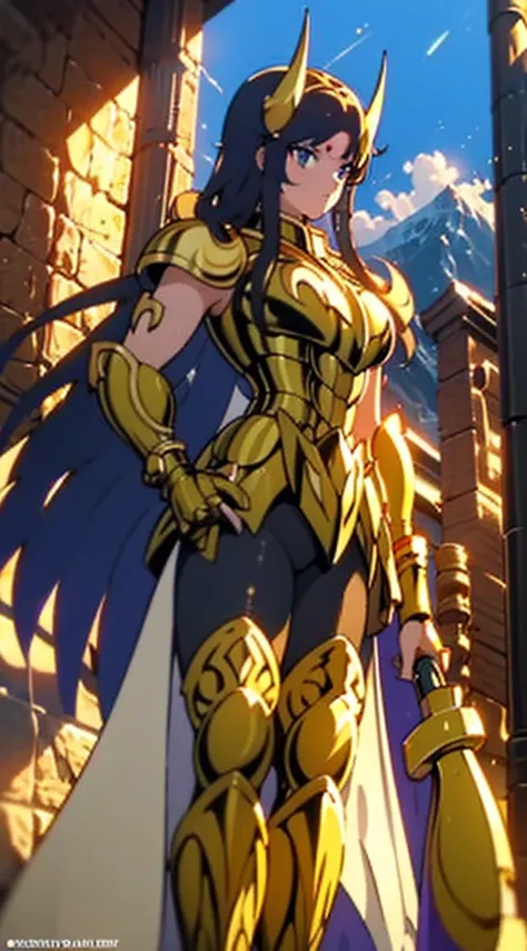 Create a high-quality image of a woman wearing full-body golden armor. She is depicted in a majestic pose, proudly standing amidst a grandiose backdrop. Her armor gleams with the brightness of gold, reflecting the sunlight streaming through the clouds. Her...