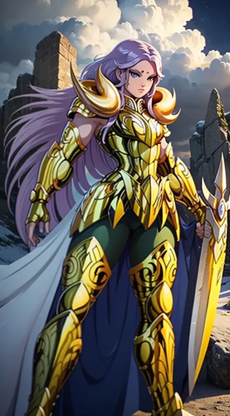 Create a high-quality image of a woman wearing full-body golden armor. She is depicted in a majestic pose, proudly standing amidst a grandiose backdrop. Her armor gleams with the brightness of gold, reflecting the sunlight streaming through the clouds. Her...