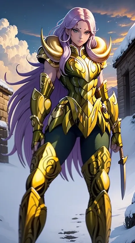 create a high-quality image of a woman wearing full-body golden armor. she is depicted in a majestic pose, proudly standing amid...