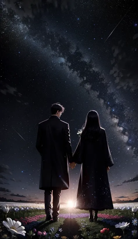 starry sky，animated scene of a couple standing in a flower field,back view，i can't see facial expressions，the man is wearing a l...