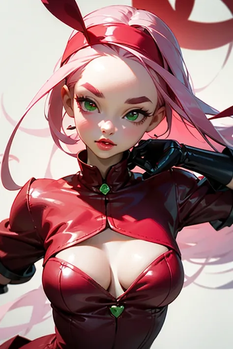 young woman, white skin, long bubblegum pink hair, red headband, wide forehead, pink eyebrows, big emerald green eyes, buttoned nose, thick red lips, heart shaped face, leather red dress, great detail, Sakura Haruno, realistic, realism 3d black gloves