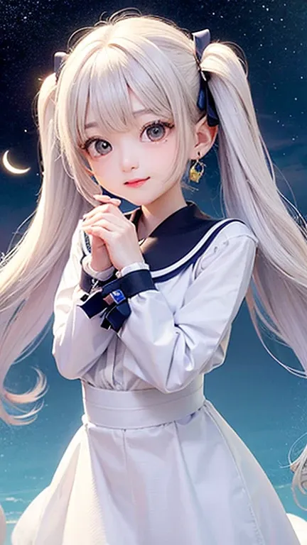 Small face、(highest quality, masterpiece), One girl, Twin tails、Pause, particle, Wind, flower, Upper Body, Simple Background, View your viewers, , Milky Way,smile、（Long hair mixed with white）、cute、Twin taililky way、Crescent Moon、Small Earrings、（Semi-transp...