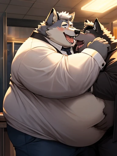 Obese, Chubby , male , furry, fluffy, salivating , wet,  kissing , Hug , climaxing face , clothes, wet clothes, sexual, wolf, fat, big ass, fat butt, obese fat belly, big belly, obese belly.
(Extremely Romantic atmosphere, masterpiece) , open work attire, ...