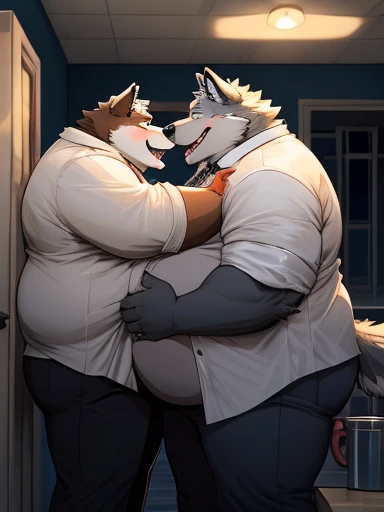 Obese, Chubby , male , furry, fluffy, salivating , wet,  kissing , Hug , climaxing face , clothes, wet clothes, sexual, wolf, fat, big ass, fat butt, obese fat belly, big belly, obese belly.
(Extremely Romantic atmosphere, masterpiece) , open work attire, ...