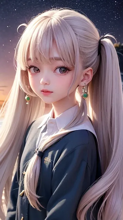 Small face、(highest quality, masterpiece), One girl, Twin tails、Pause, particle, Wind, flower, Upper Body, Simple Background, View your viewers, , Milky Way,smile、（Long hair mixed with white）、cute、Twin taililky way、Crescent Moon、Small Earrings、（Semi-transp...