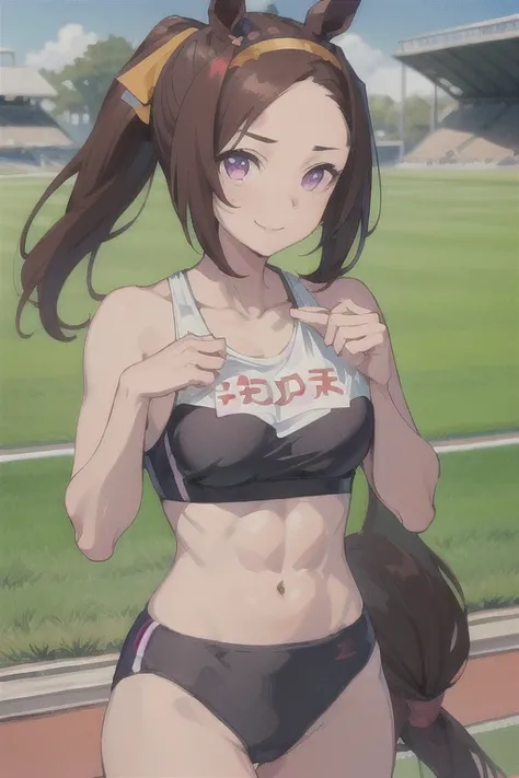 sakura bakushin o (umamusme), ((ultra-detailed face)), symmetrical face, beautiful face, (masterpiece), best quality, muscle, abs, horse tail, large tits, smile, athletics track, sports bra, hand between legs, stadium