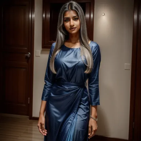 young indian woman in her 30s, with long, straight silver hair, blue eyes, with a beautiful glow, perfect face, perfect body, wearing a beautiful navy blue dress, full body shot, full shot, high definition, realism .  