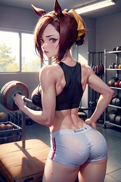 sakura bakushin o (umamusme) in sexy mini shorts and sports bra, crouched deadlifting with a bar with her back facing a gym mirror, sweating, High Resulution, UHD, detailed image.