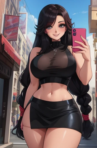 anime, 28 year old woman, taking a selfie, mischievous smile, long hair, dark hair color, stylish hairstyle, side hair long lush hair, long curls of hair pulled to the sides, Braids within the hair, curvy body, proportional body, sexy girl, beautiful matur...