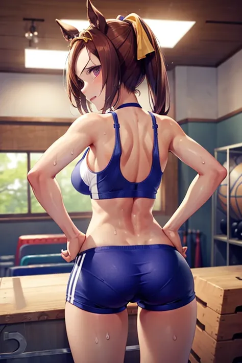 sakura bakushin o (umamusme) in sexy mini shorts and sports bra, crouched deadlifting with a bar with her back facing a gym mirror, sweating, High Resulution, UHD, detailed image.