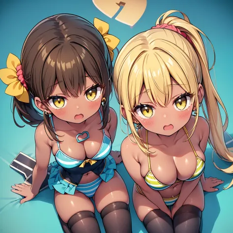 (8K、Best image quality、highest quality、masterpiece)、Detailed face、(2 girls)、Improve、((Brown Skin:1.3))、blonde、Low Ponytail、Scrunchie、Yellow Eyes、Earrings, (glamorous:1.1), (huge breasts:), (Light blue striped micro bikini:1.2), Classroom Background, (open ...