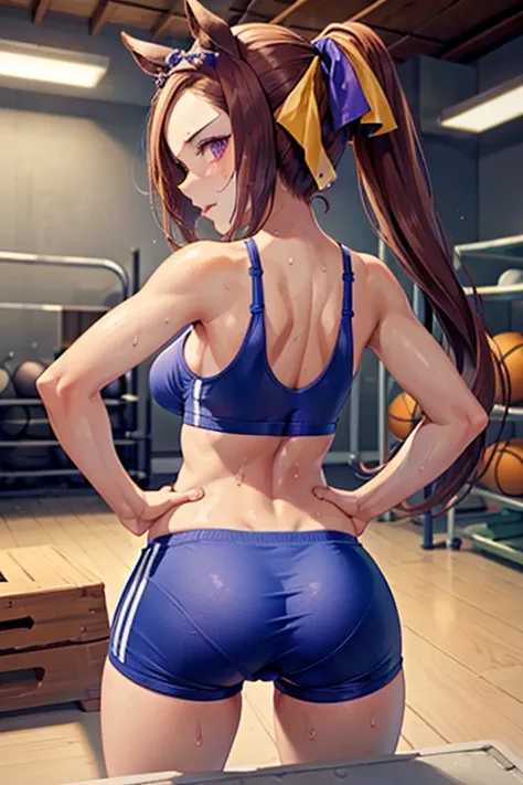 sakura bakushin o (umamusme) in sexy mini shorts and sports bra, crouched deadlifting with a bar with her back facing a gym mirror, sweating, High Resulution, UHD, detailed image.