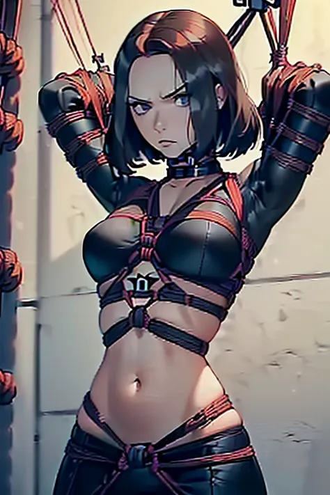 In the prison, Girl, spy, ((((black widow suit, crop top showing navel)))), sneaking, ((arms behind back, restrained, shibari, rope bondage:1.5)), uncover bellybutton 