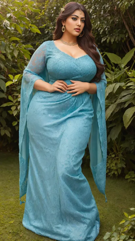 Madhubala Indian beautiful actress sexy curvy plus size model woman standing in Garden daydream”on the grass, gazing up at the sky with a dreamy expression,HD makeup,hd details,hd render,realistic,hyper realistic,photograph,wearing Tropical Print Indian ba...