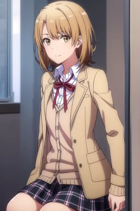 irohaisshiki, iroha isshiki, short hair, brown hair, (brown eyes:1.5), smile,
BREAK skirt, shirt, ribbon, , jacket, white shirt, open clothes, socks, open jacket, black jacket, plaid, kneehighs, plaid skirt, blazer, cardigan, black socks, pink cardigan, so...