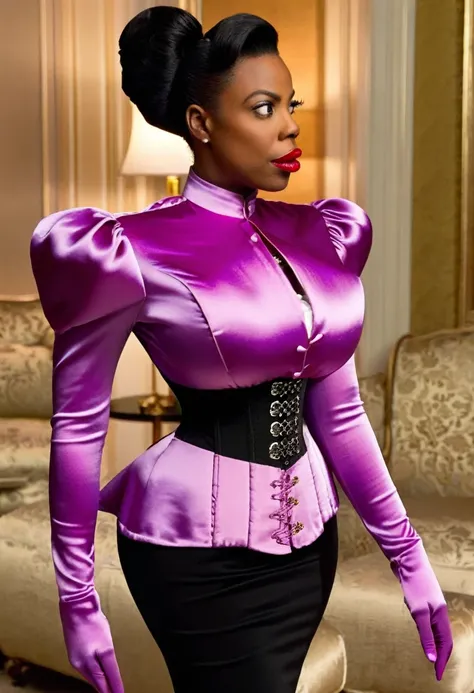 closeup shot, (surprised and amazed evil sasheer zamata pouts her lips:1.4) in a (closed satin skintight silk buttoned mandarin collar blouse with large shoulder-pads and extremely tight corset and belt and satin cape:1.6), tight hairbun, silk gloves, smal...