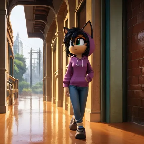 masterpiece, studio quality, highly detailed, extreme detailed, high quality, max detailed, very detailed, detailed background, detailed shadows, mobian, medium breast, 1girl, cat, brown skin, attractive, gorgeous body, green eyes, medium black hair, pixar...