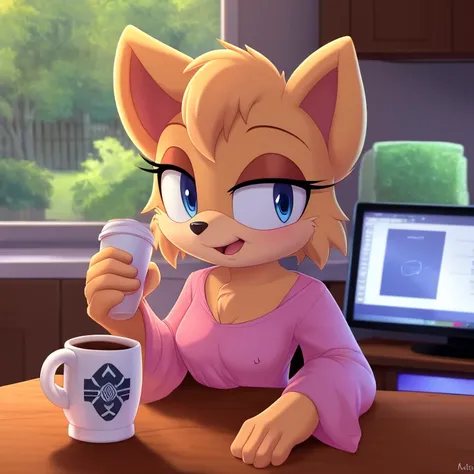 Score_9, score_8up, highres, 1girl, rating_suggestive, lop (star wars visions), furry, blue eyes, loving eyes, sleepy, drowsy, (small breasts), blushing, oversized shirt, sitting at a kitchen table, dawn, morning, holding a cup of coffee, sitting next to p...