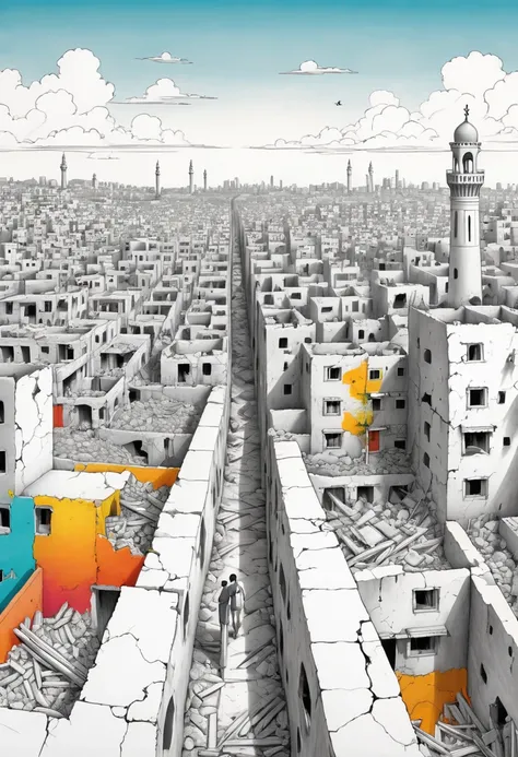 (The left half is a black and white line drawing of the war-torn and ruined city of Gaza:1.3), (The right half is a beautiful and pleasant city with tall buildings, bright sunshine and bright colors:1.5), (The artwork should transition from a pencil drawin...