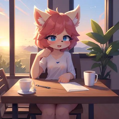 Score_9, score_8up, highres, 1girl, rating_suggestive, lop (star wars visions), furry, blue eyes, loving eyes, sleepy, drowsy, (small breasts), blushing, oversized shirt, sitting at a kitchen table, dawn, morning, holding a cup of coffee, sitting next to p...