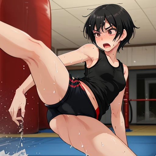 At the martial arts gym、Cute high school girl practicing high kick、Slender body、Tank top、Sweat is splashing、Shortness of breath with open mouth、Very sweaty、Short black hair、Poor body、Small breasts