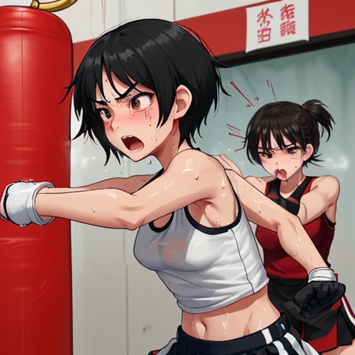 At the martial arts gym、Cute high school girl receiving punching instruction from female coach、Slender body、Tank top、Sweat is splashing、Shortness of breath with open mouth、Very sweaty、Short black hair、Poor body、Small breasts、Open Finger Gloves