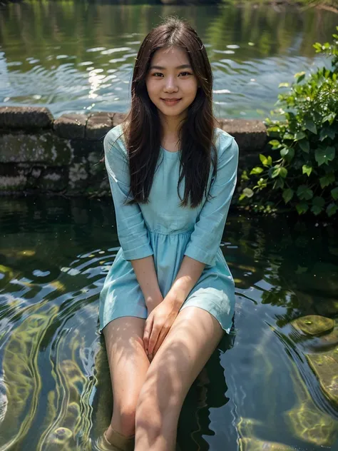 (a beautiful, 20-year-old Asian woman with a subtle smile, gazing at the scenery on the riverbank), (oil painting) [detailed face], [detailed hair], (soft lighting), [serene atmosphere], [vivid colors], [subtle texture], (bright sunshine), (gentle breeze),...