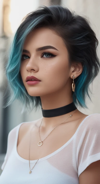 masterpiece, best quality,3d rending work ,3DMM style,close-up,portrait, 3D,1girl, solo, multicolored hair, blue hair, black hair, necklace, freckles, jewelry, two-tone hair, looking to the side, realistic, upper body, simple background, bangs, looking awa...