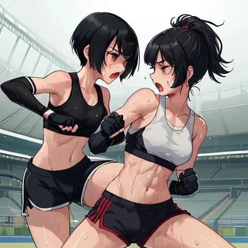 Martial Arts Rings、A cute high school girl desperately punching the other female athlete、Slender body、Sports Bra、High leg shorts、Shortness of breath with open mouth、Very sweaty and wet、Short black hair、Poor body、Small breasts、Open Finger Gloves