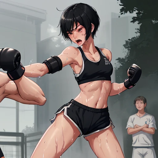 Martial Arts Rings、A cute high school girl desperately punching the other female athlete、Slender body、Sports Bra、High leg shorts、Shortness of breath with open mouth、Very sweaty and wet、Short black hair、Poor body、Small breasts、Open Finger Gloves